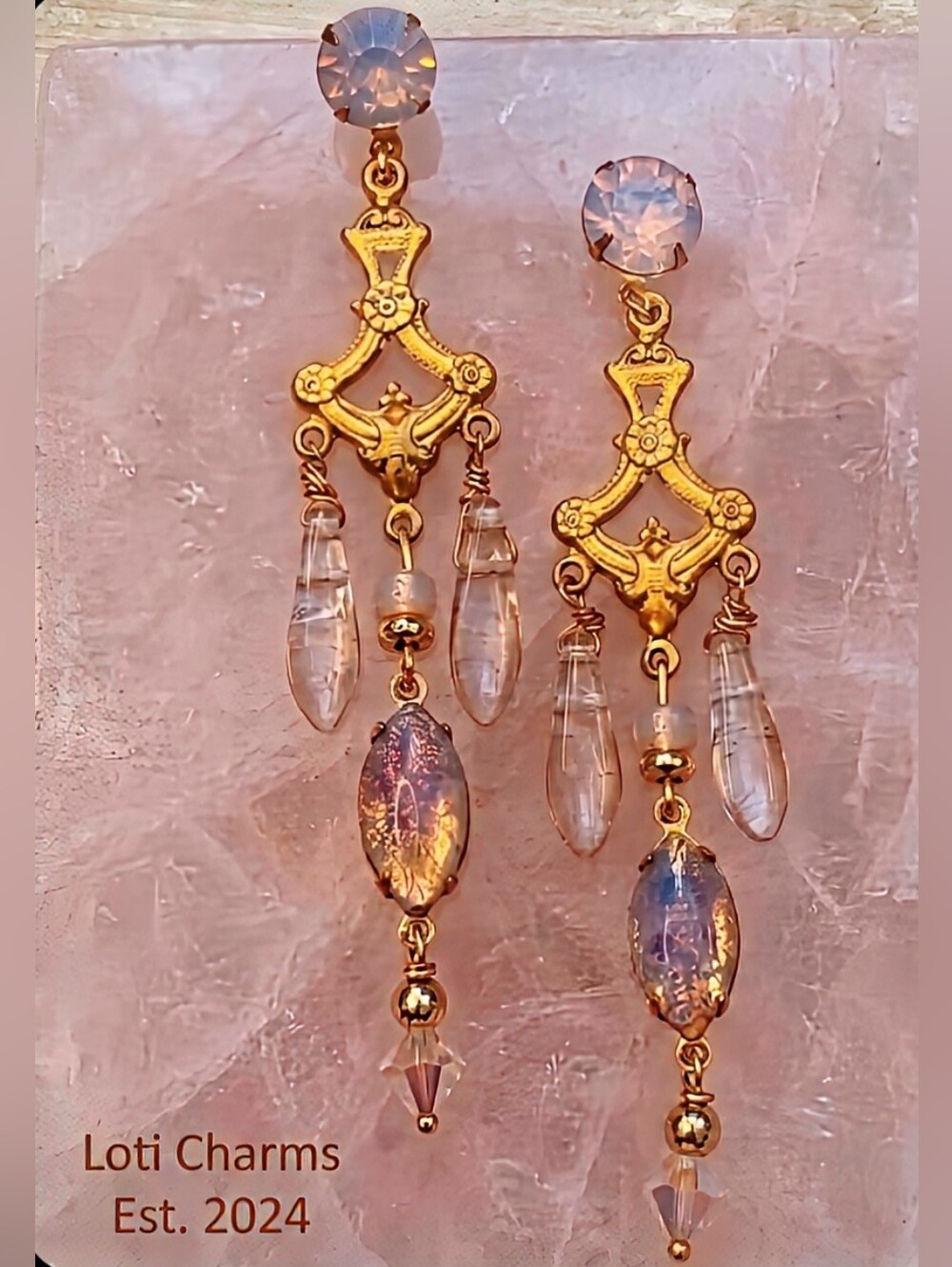 Victorian Pink Fire Opal Glass & Crystal Chandelier Long Earrings In Gold Plated